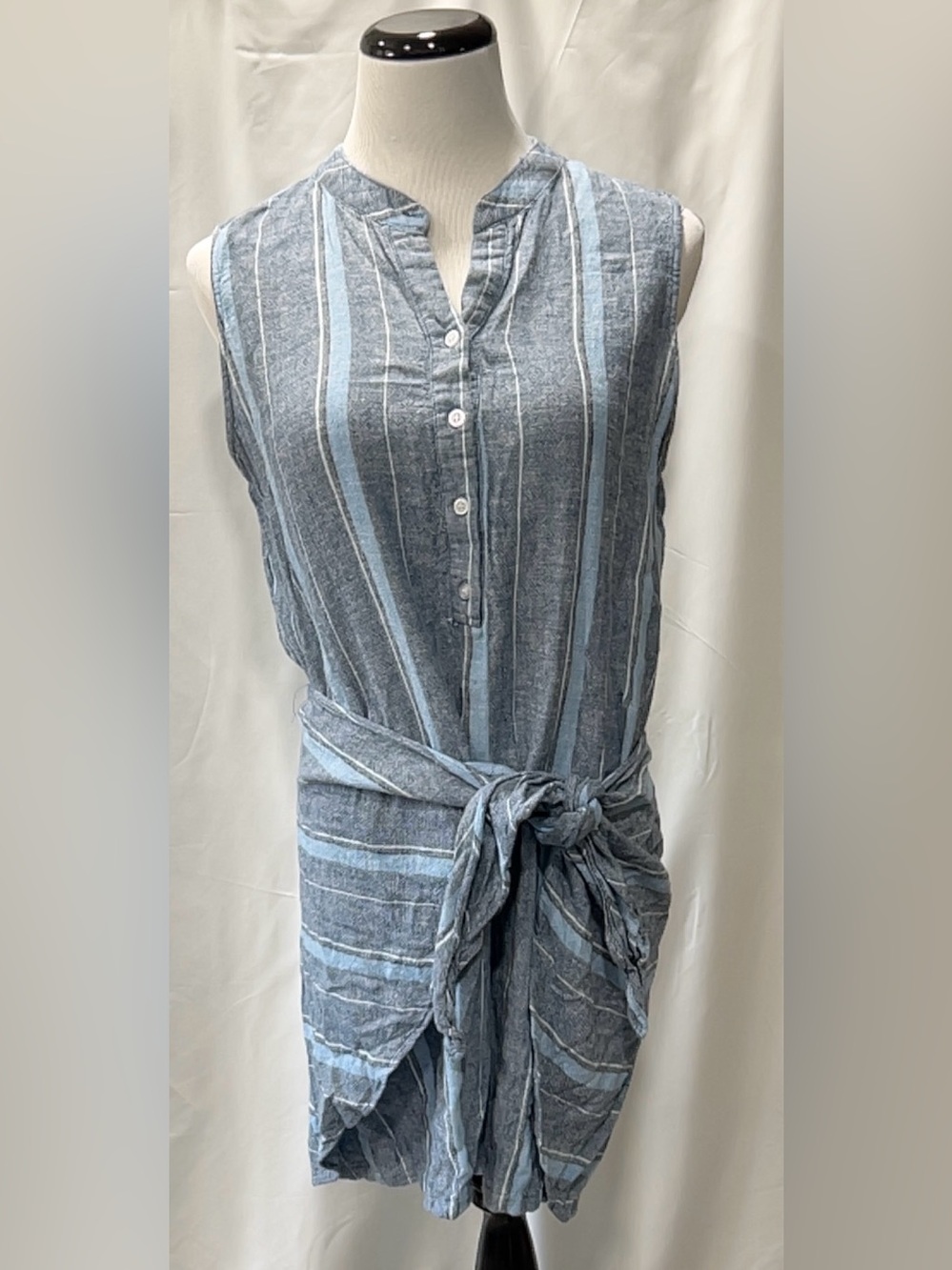 Drew Women Blue Striped Linen Blend Sleeveless Tie Front Wrap Shift Dress Large